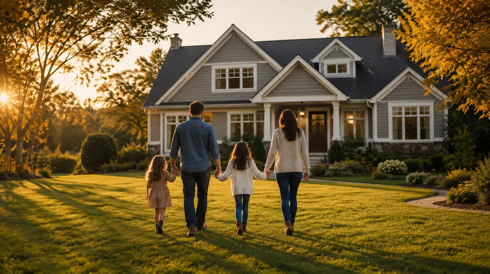 A family holding hands and walking toward their home in warm evening sunlight